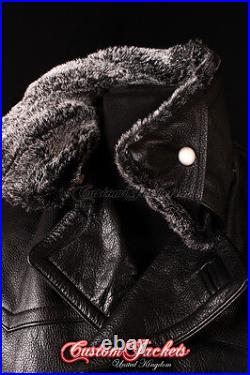 Men's KRIEGSMARINE FUR COLLAR German Jacket Pea Coat Black Real Cowhide Leather