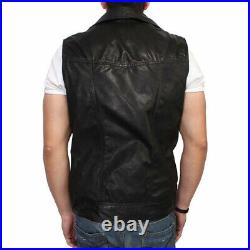 Men's Lambskin 100% Leather Waistcoat Western Vest Coat Sleeveless Jacket Black