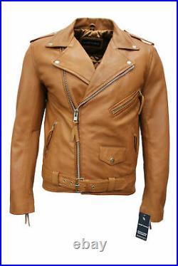 Men's Lambskin Authentic Leather Jacket Motorcycle Stylish Belted Tan Strap Coat