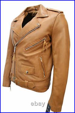 Men's Lambskin Authentic Leather Jacket Motorcycle Stylish Belted Tan Strap Coat