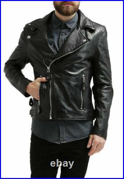 Men's Lambskin Handmade Fashion Leather Jacket Motorcycle Black Collar Zip Coat