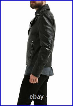 Men's Lambskin Handmade Fashion Leather Jacket Motorcycle Black Collar Zip Coat