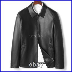 Men's Lapel Collar Short Real Leather Motorcycle Coat Zipper Spring Jacket L-4XL