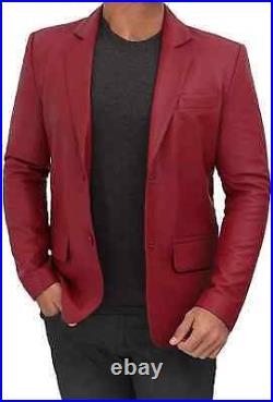 Men's Leather Blazer Genuine Soft Lambskin Red Leather Sport Coat Jacket NFS-049