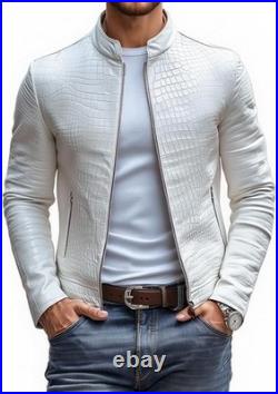 Men's Leather Jacket White Crocodile Pattern Real Luxury Leather Jacket