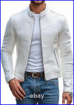Men's Leather Jacket White Crocodile Pattern Real Luxury Leather Jacket