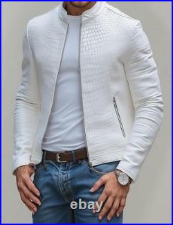 Men's Leather Jacket White Crocodile Pattern Real Luxury Leather Jacket