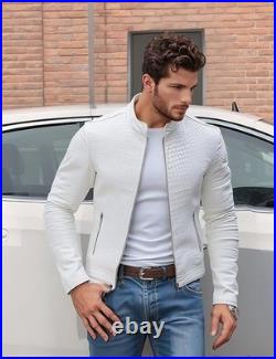 Men's Leather Jacket White Crocodile Pattern Real Luxury Leather Jacket
