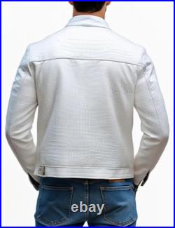 Men's Leather Jacket White Crocodile Pattern Real Luxury Leather Jacket
