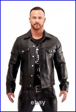 Men's Leather Shirt Western Trucker Cowboy Real Leather Summer Jacket Black Cuir