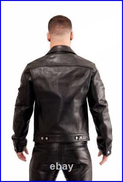 Men's Leather Shirt Western Trucker Cowboy Real Leather Summer Jacket Black Cuir