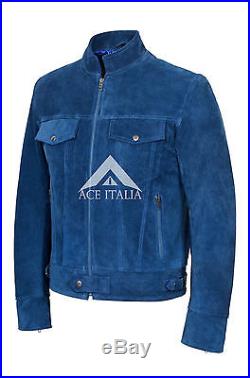 Men's Leather Suede Blue Classic TRUCKER 100% REAL COWHIDE WESTERN JACKET 1345