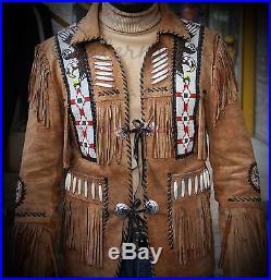 Men's Light Brown Western Cowboy Leather Jacket coat With Fringe Bone and Beads