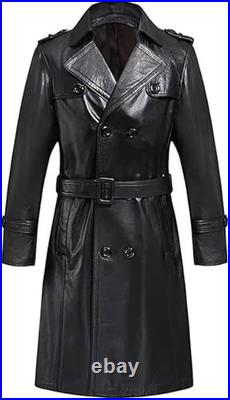 Men's Long Black Genuine Leather Trench Coat Vintage Double-Breasted Belted Coat