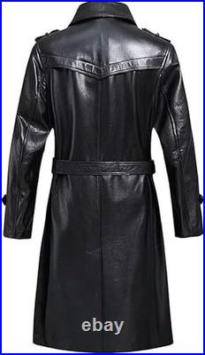 Men's Long Black Genuine Leather Trench Coat Vintage Double-Breasted Belted Coat