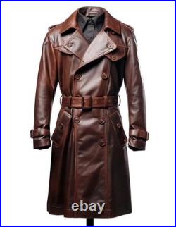 Men's Long Black Genuine Leather Trench Coat Vintage Double-Breasted Belted Coat