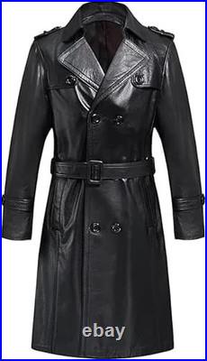 Men's Long Black Genuine Leather Trench Coat Vintage Double-Breasted Belted Coat