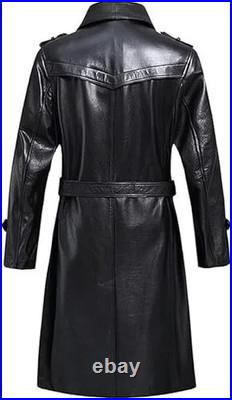 Men's Long Black Genuine Leather Trench Coat Vintage Double-Breasted Belted Coat