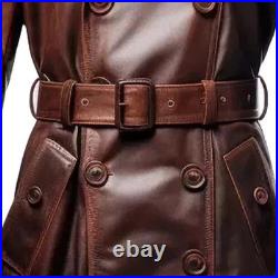 Men's Long Black Genuine Leather Trench Coat Vintage Double-Breasted Belted Coat