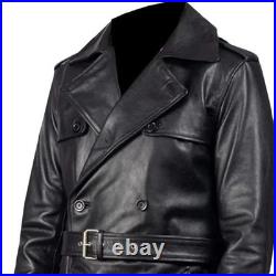 Men's Long Black Genuine Leather Trench Coat Vintage Double-Breasted Belted Coat
