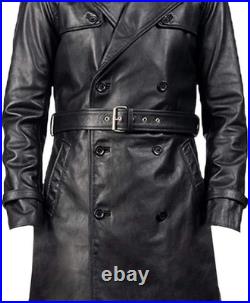 Men's Long Black Genuine Leather Trench Coat Vintage Double-Breasted Belted Coat
