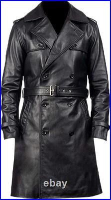 Men's Long Black Genuine Leather Trench Coat Vintage Double-Breasted Belted Coat