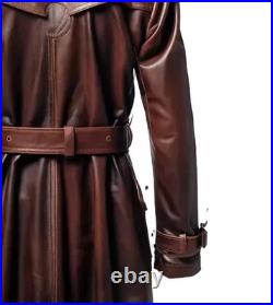 Men's Long Black Genuine Leather Trench Coat Vintage Double-Breasted Belted Coat