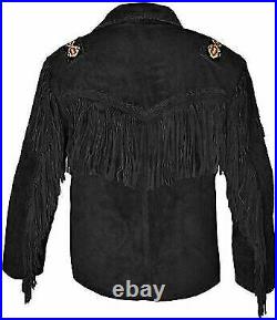 Men's Native American Cowboy Buckskin Leather Western Jacket Coat With Fringe