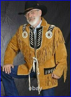 Men's Native American Cowboy Suede Leather Western Jacket Fringes & Beaded Coat