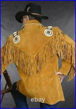 Men's Native American Cowboy Suede Leather Western Jacket Fringes & Beaded Coat
