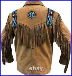 Men's Native American Suede Leather Jacket Fringes & Beads Cowboy Western jacket