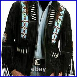 Men's Native American Western Cowboy Leather Jacket coat Black fringe and beads