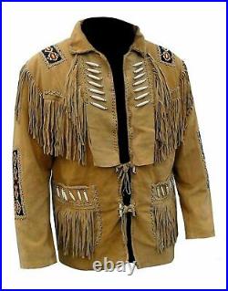 Men's Native American Western Jacket Suede Leather Cowboy Fringe & Beaded Coat