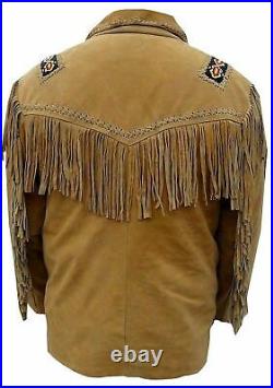 Men's Native American Western Jacket Suede Leather Cowboy Fringe & Beaded Coat