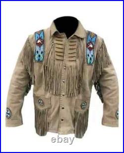 Men's Native American Western Style Suede Leather Jacket With Fringe & Bead Work