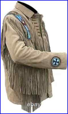 Men's Native American Western Style Suede Leather Jacket With Fringe & Bead Work