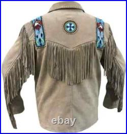 Men's Native American Western Style Suede Leather Jacket With Fringe & Bead Work