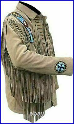 Men's Native American Western Wear Suede Leather Jacket Fringe & Beaded Coat