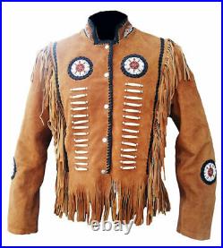 Men's Native American western Wear Suede Leather Coat Fringes & Beaded Jacket