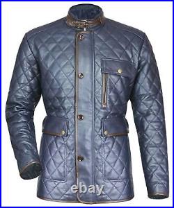 Men's Navy Blue Quilted Coat Genuine Lambskin Leather Motorcycle Jacket 125