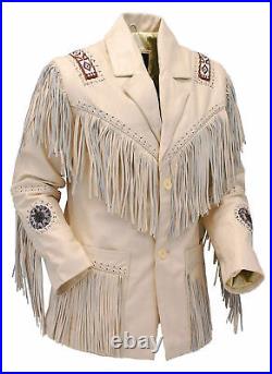 Men's New Western Cowboy Biker Leather Jacket coat with fringe and beads