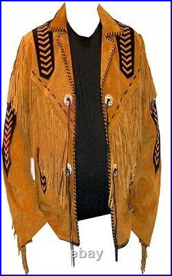 Men's New Western Cowboy Biker Leather Jacket coat with fringe and beads
