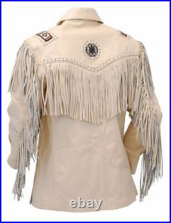 Men's New Western Cowboy Biker Leather Jacket coat with fringe and beads