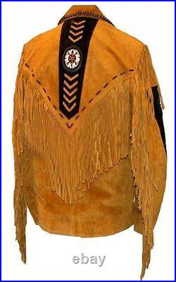 Men's New Western Cowboy Biker Leather Jacket coat with fringe and beads