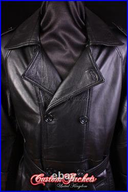 Men's OVERCOAT Black Lambskin Full Length Leather Long Jacket Long Trench Coat