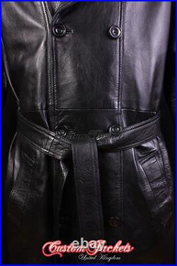 Men's OVERCOAT Black Lambskin Full Length Leather Long Jacket Long Trench Coat