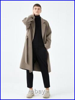 Men's Oversize Wool Lapel Collar Mid Long Trench Coat Jacket Overcoat British XL