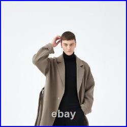 Men's Oversize Wool Lapel Collar Mid Long Trench Coat Jacket Overcoat British XL