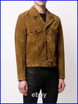 Men's Pure Soft Suede Leather Trucker Jacket Brown Leather Coat