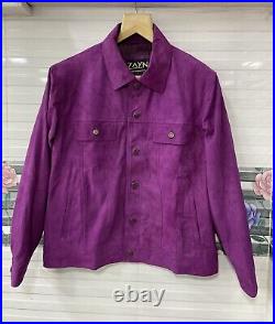 Men's Purple Suede Trucker Jacket 100% Pure Suede Leather Jean Style Button Coat